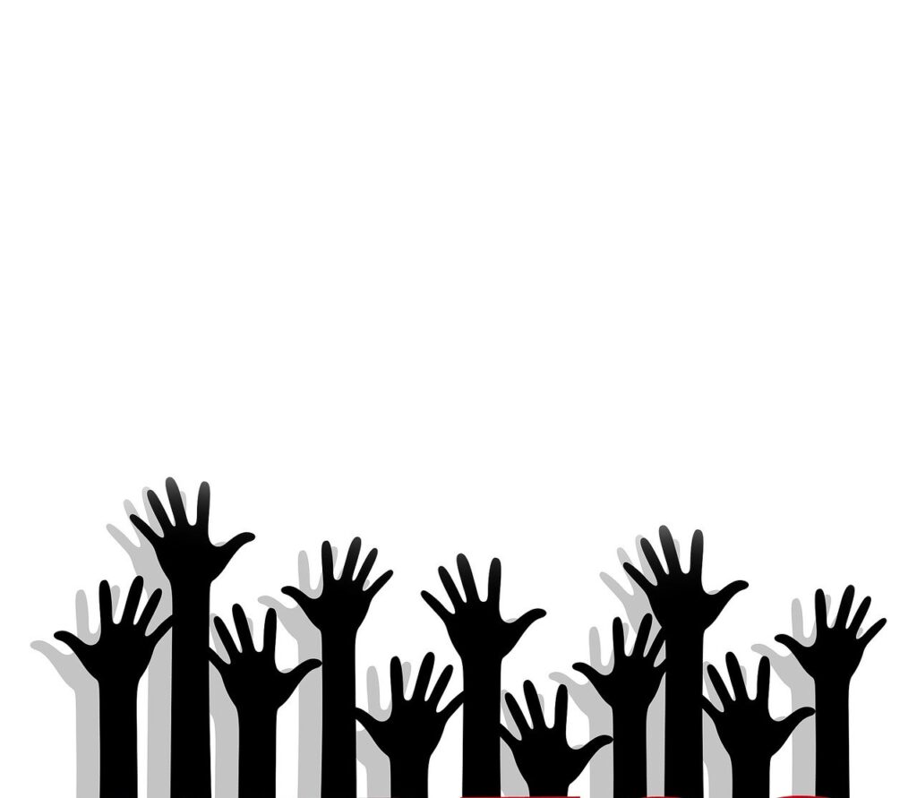 Image of many hands raised in the air. https://pixabay.com/illustrations/volunteer-help-service-volunteering-1550322/#:~:text=Image%20by%20Jackie%20Ramirez%20from%20Pixabay